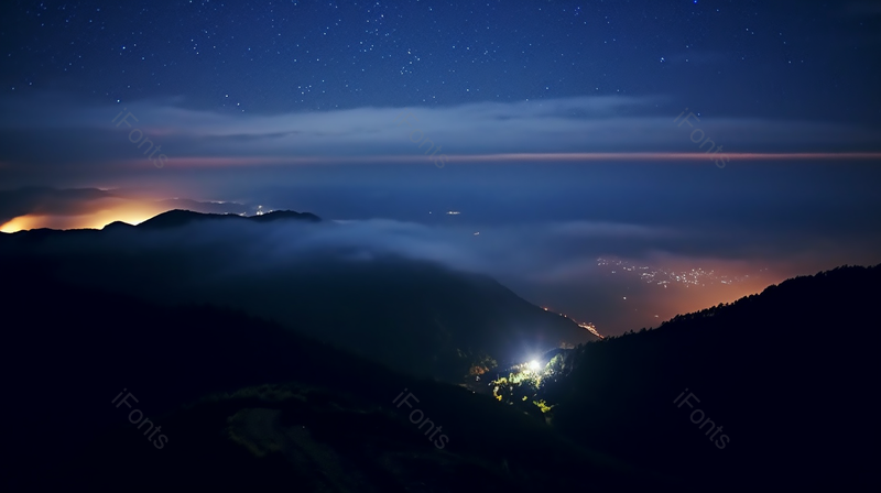 蓝色星空下闪着光亮的山区村庄的山顶的夜景,高清,摄影图,摄影图片,图片大全,摄影图免费下载